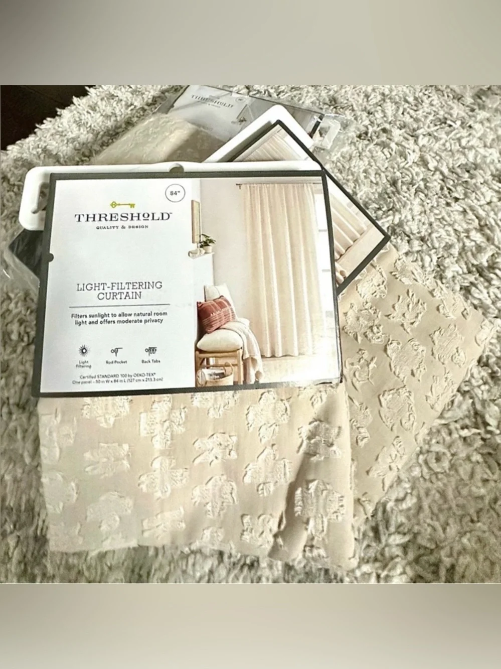Threshold Light Filtering Jacquard Floral Curtain Panels Ivory Set of 2